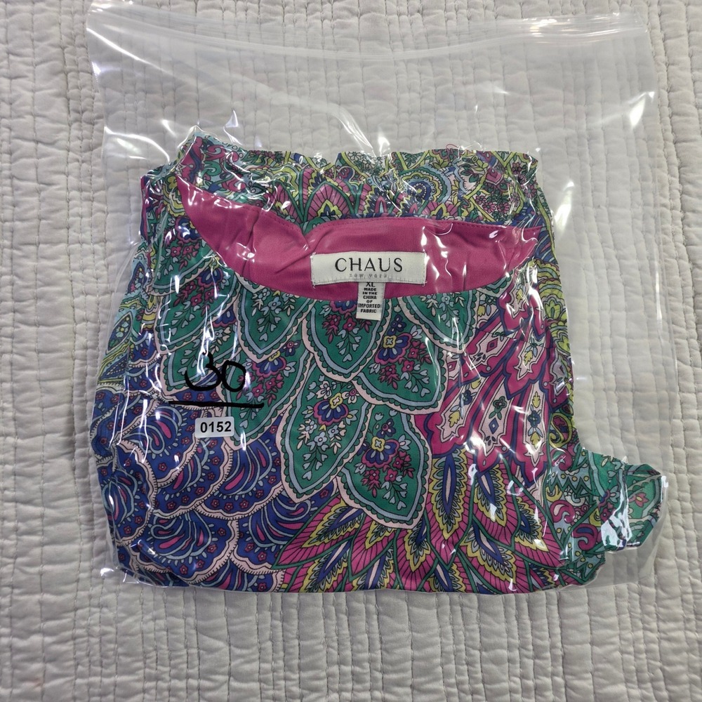 Chaus Womens Peacock Paisley Smocked Hem Flutter Sleeve Blouse Pink Purple XL - Picture 12 of 13